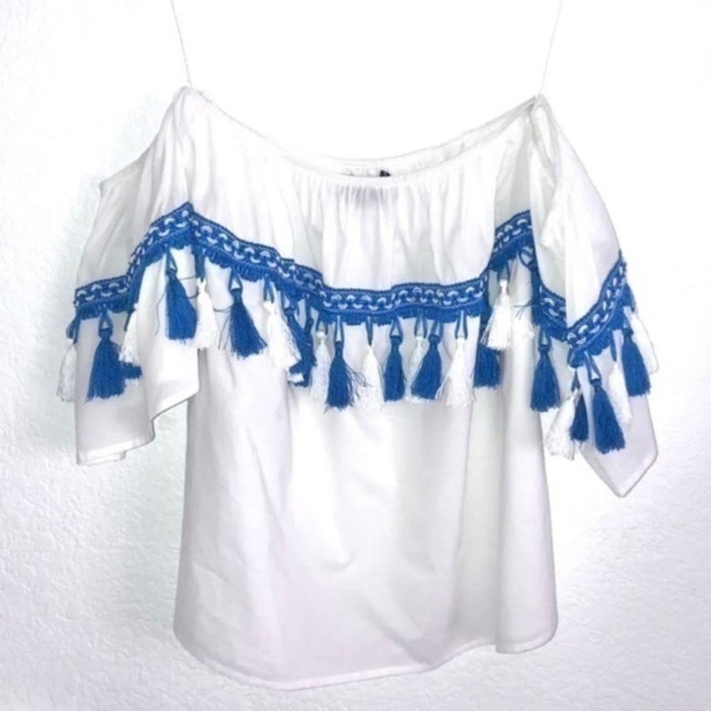 NEW BLUE RAIN OFF SHOULDER WHITE TOP WITH BLUE TASSELS SMALL